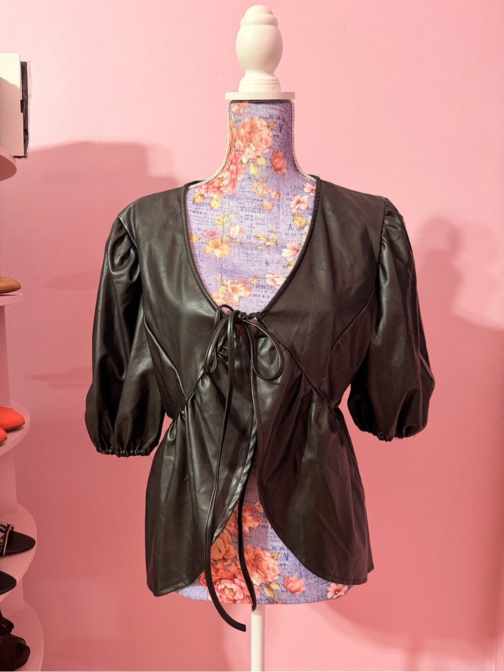 Black Faux Leather V-Neck Tie-Front Puff Sleeve Blouse - Size XL (fits like L)
